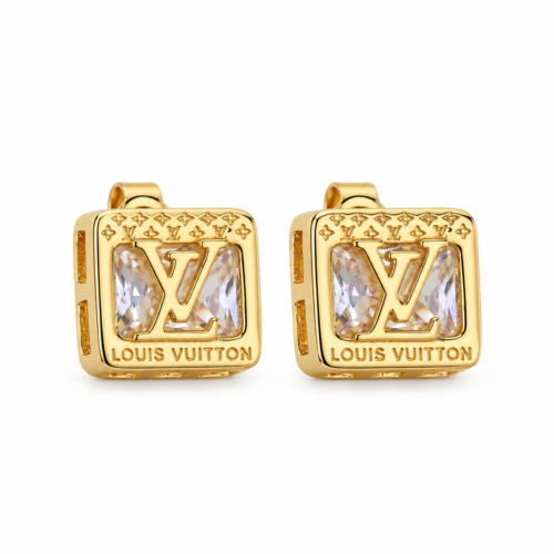 Gold Crystal LV Square Stud Earrings